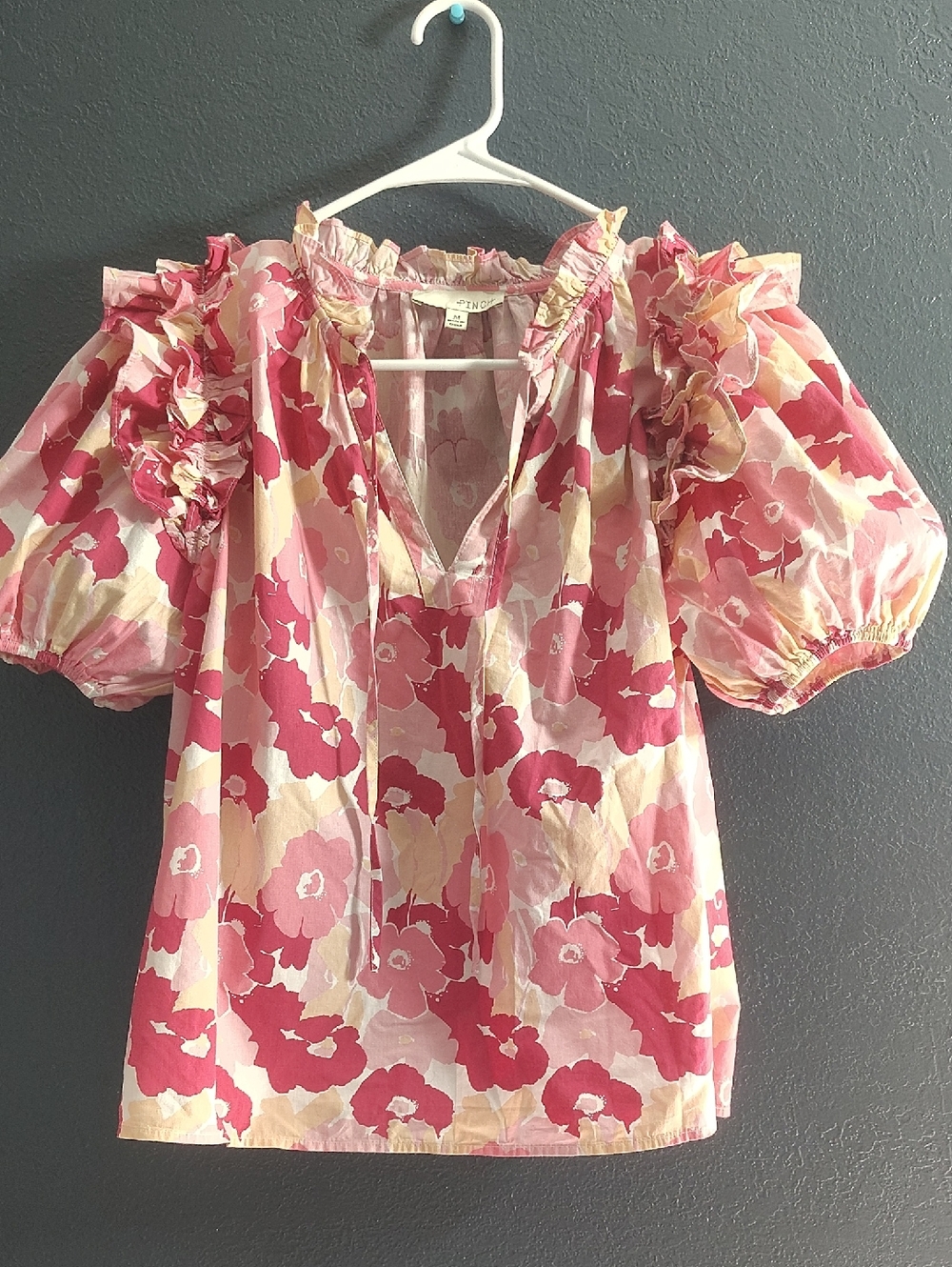 Pinch Shabby Feminine Chic Hippy Pink & Cream Ruffled Floral Blouse